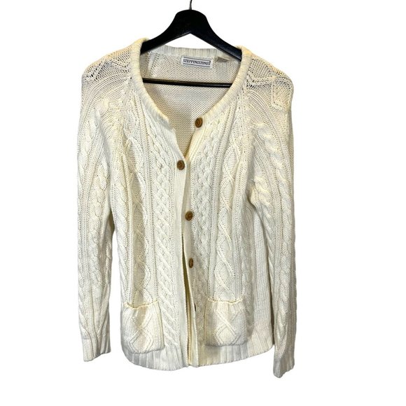 Vintage 90s Cream Cable Knit Button Up Cardigan Medium - Picture 1 of 6